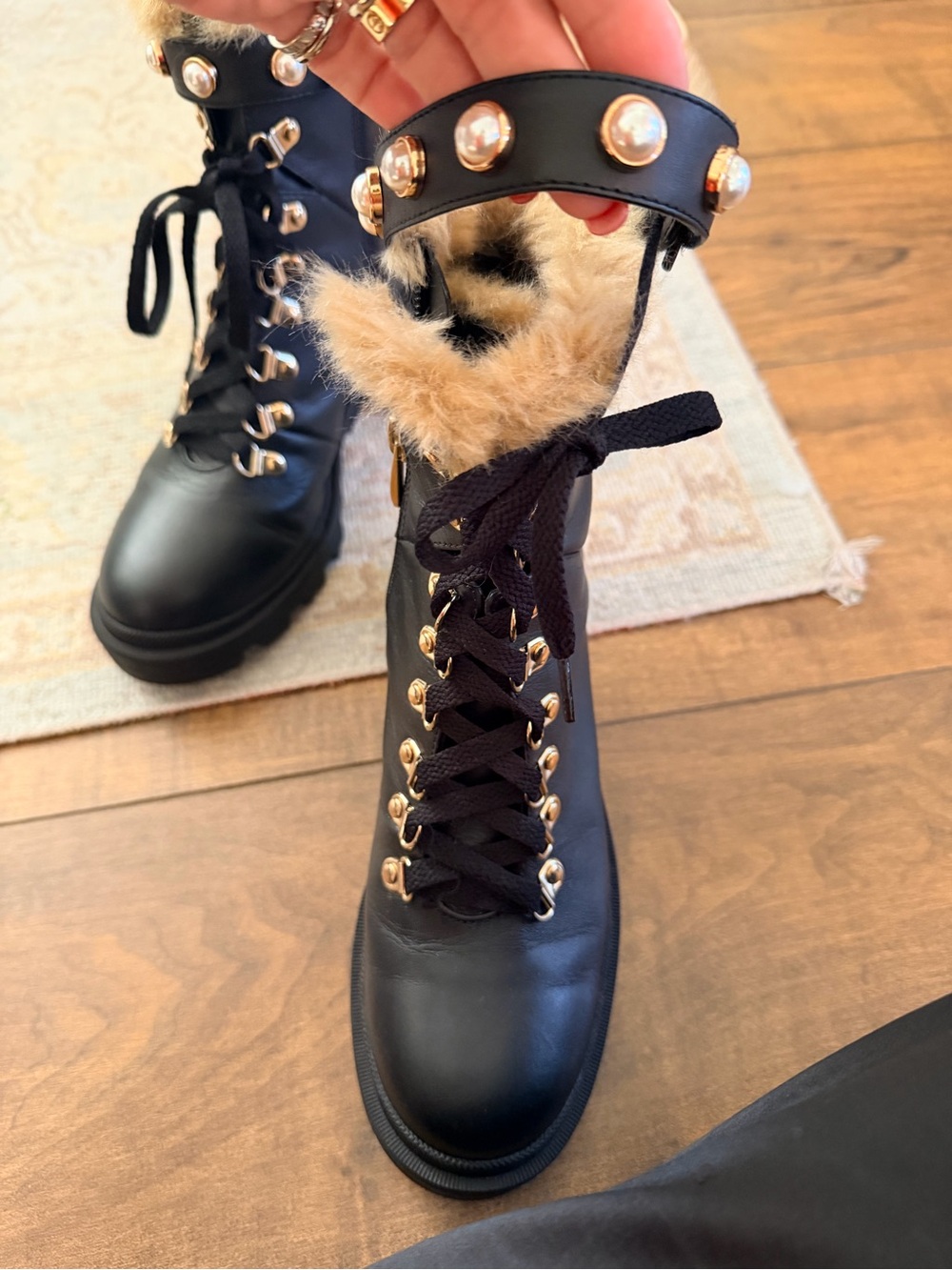 Neiman Marcus Black Lace-Up Faux Fur Trim Combat Booties with Gold Accents - Picture 4 of 4